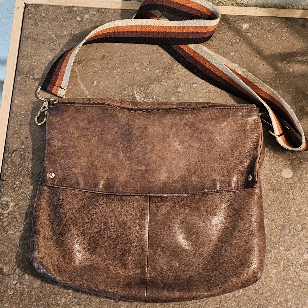 HOBO Brown Leather Crossbody Bag with Striped Strap